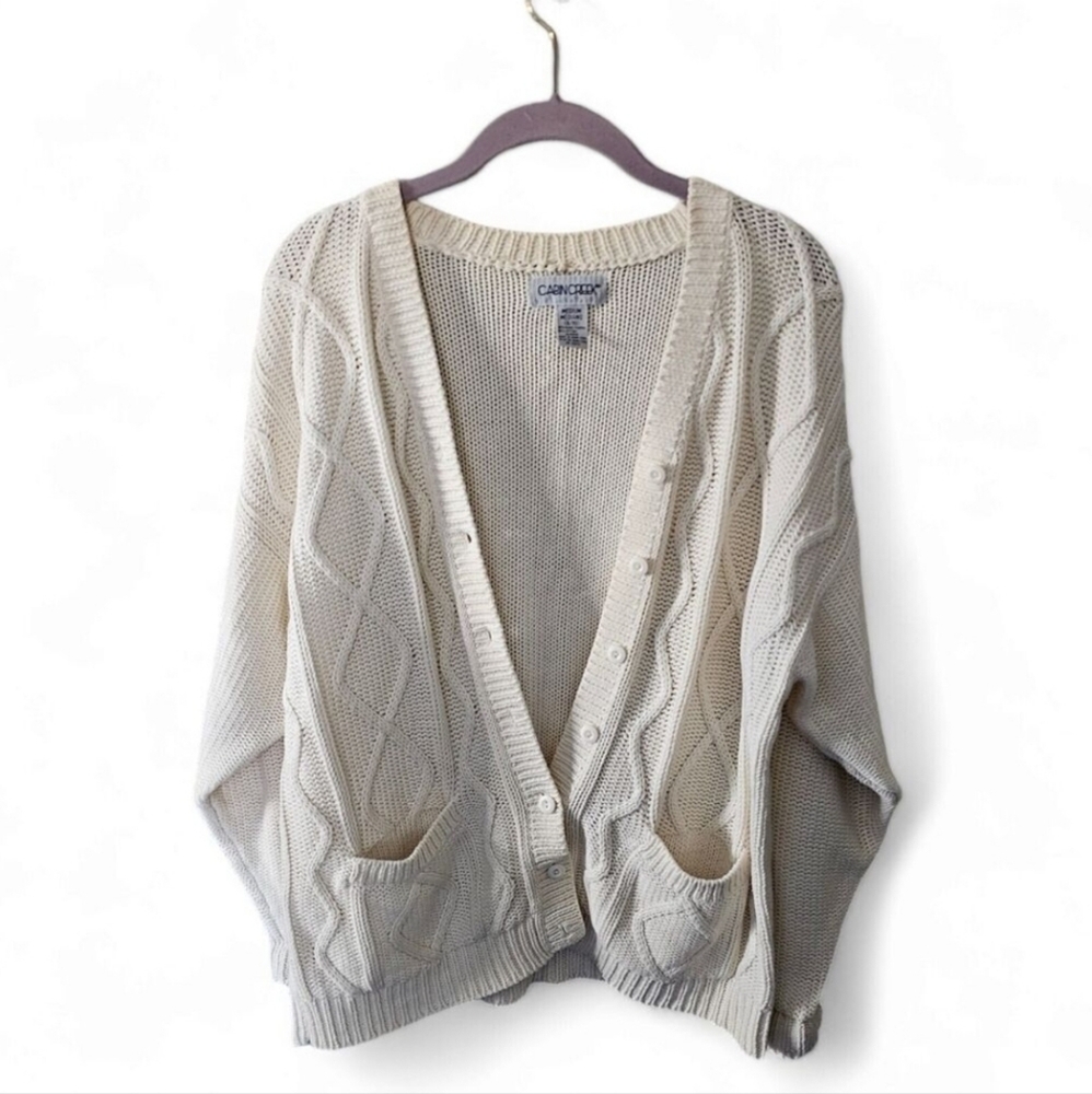 Vintage Cabin Creek Ivory Grandpa Cardigan Sweater Baggy Women's M/L Pockets